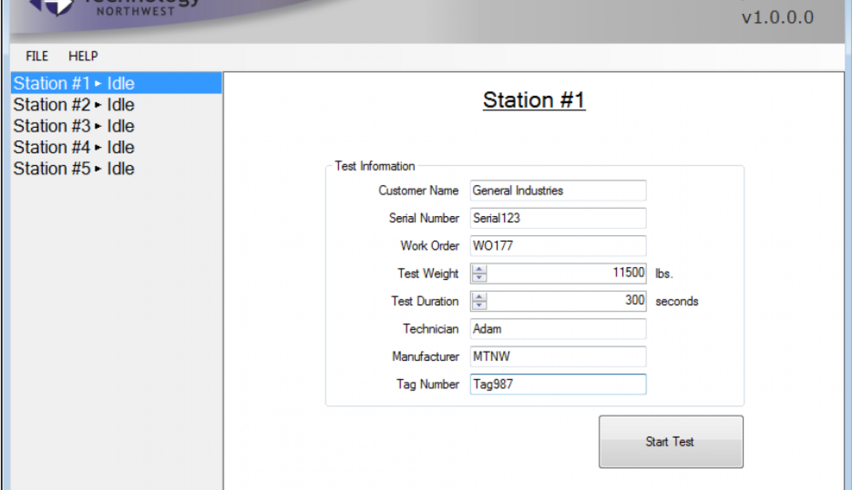 MTNW Hoist Test System Setup Screen